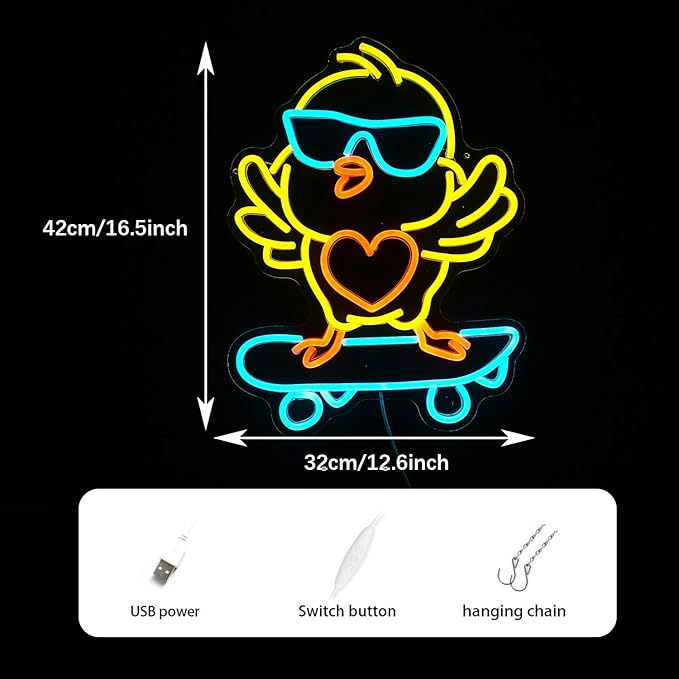 Skateboard Chick Neon Sign Dancing Chicken LED Neon Light for Wall Decor Dimmable USB Light Up Chick Sign for Bedroom Kids Room Birthday Gifts for Boy Girl (16.5”*12.6”)