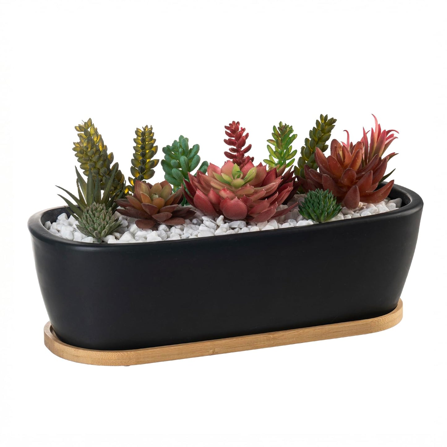 MyGift 14 Inch Oval Modern Matte Black Ceramic Succulent Planter Pot with Drainage Hole and Removable Bamboo Saucer, Decorative Indoor House Plant Container for Flowers, Cactus, Herbs