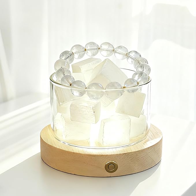 Selenite Crystal Lamp with Wooden Base Selenite Crystals Gift for Women Healing Birthday Meditation Yoga Spiritual Chakra Reiki Energy Cleansing Night Light Home Office Decor