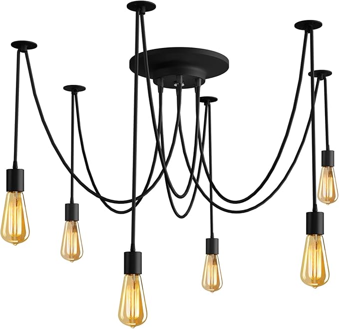 Fuloon Vintage Edison Multiple Ajustable DIY Ceiling Spider Lamp Light Pendant Lighting Chandelier Modern Chic Industrial Dining with Romote Control (6 Head Cable 200cm/78.7inch Each)