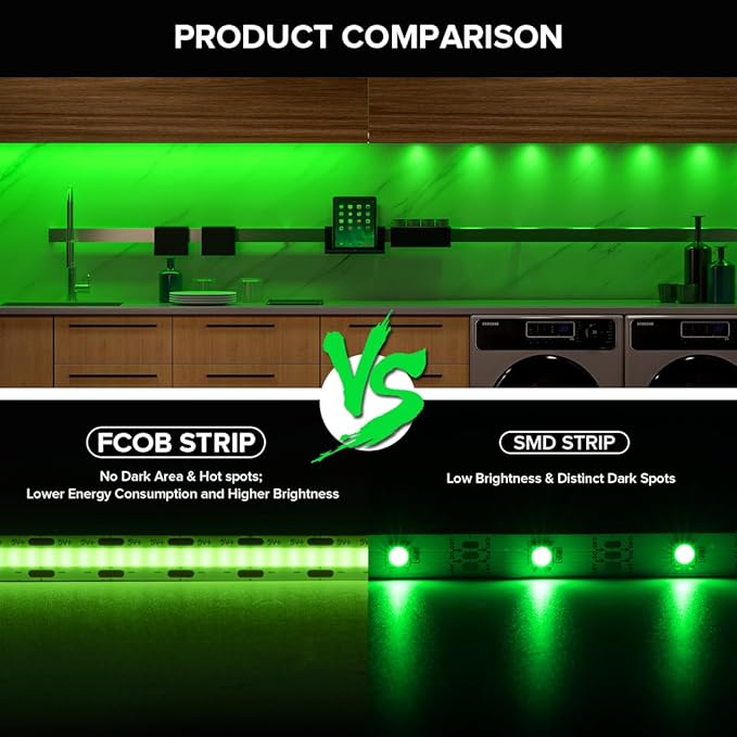 5V COB Green Led Strip Light 6.56FT USB Powered CRI90+ LED Tape Lights with Dimmer, 8mm Width Dimmable High Density Flexible Strips for TV Under Cabinet Bedroom