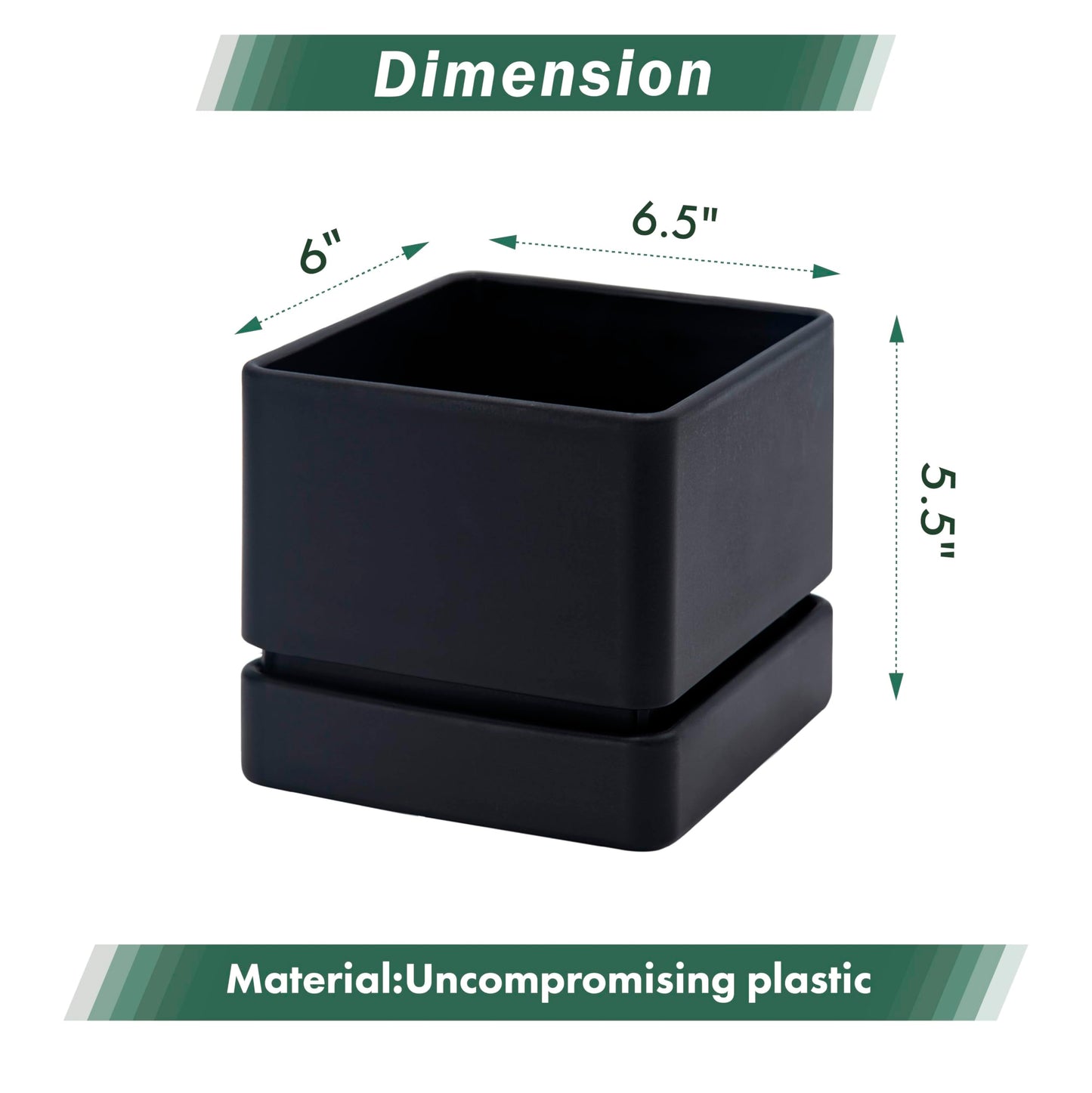 D'vine Dev 6 Inch Herb Planter Pot, Plastic Planter with Drainage Holes and Saucer, Modern Decorative Gardening Pot for Indoor Plants, Flowers, Herbs, Succulents, Black, Set of 3, 76-Y-B3-2