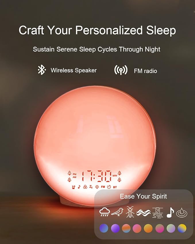 Smart Sunrise Alarm Clock with No Signup APP Control & Wake-Up Light, 4 Alarms, White Noise, FM Radio, Wireless Speaker, Wood Grain