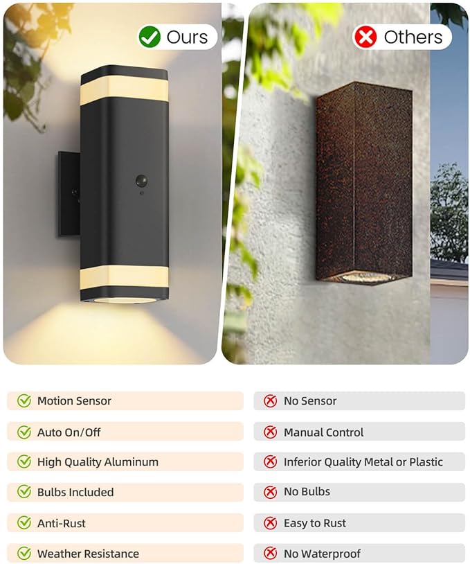 RAYVO Motion Sensor Outdoor Lights 2 Pack, Modern Dusk to Dawn Exterior Lighting Fixtures Up and Down Sconce with Black Finish, Waterproof Wall Mount Lighting for Porch Garage, Bulbs Included