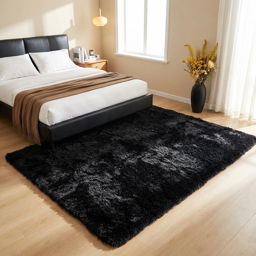 Mugorn Black Area Rug - Soft Fluffy Shag Carpet for Bedroom & Living Room | 2x3 Feet with Non-Slip Pads