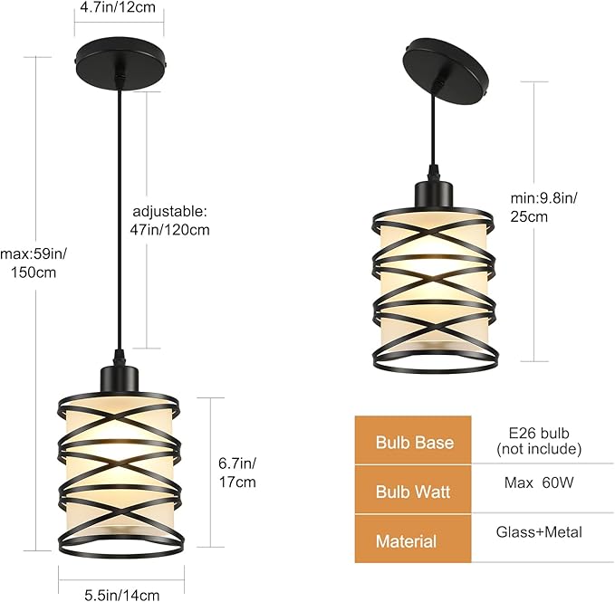 2 Pack Pendant Light Kitchen Island Pendant Lighting, Hanging Light with Spiral Cage Frosted Glass Shade, Black Modern Indoor Hanging Lamp