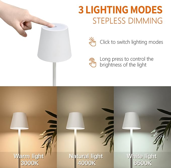 2-Pack Rechargeable Cordless Table Lamps, Battery-Operated Wireless Minimalist Table Lamp, 3 Colors Stepless Dimming LED Adjustable Height Table Lamp for Dining/Bedside/Camping (2, Double-rod white)