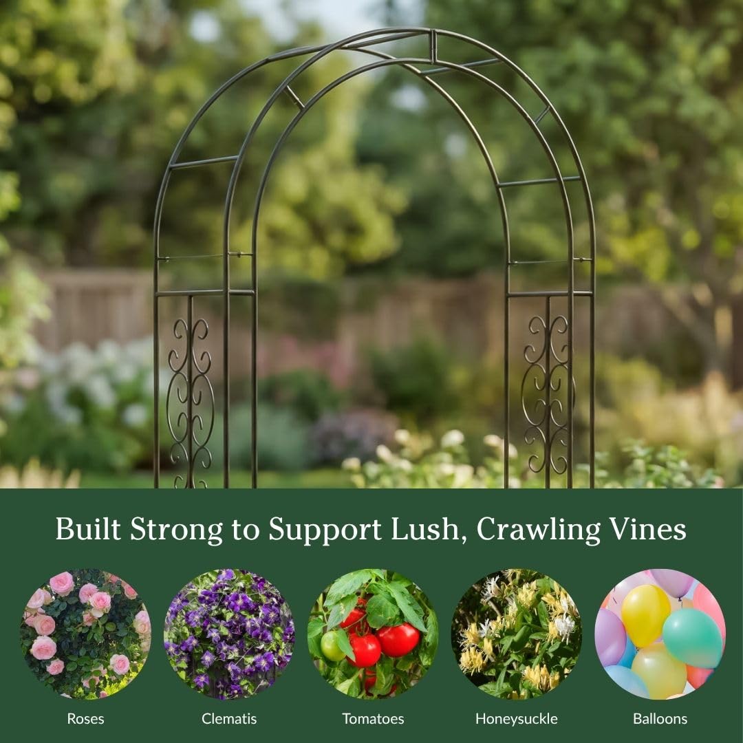Plow & Hearth Arch Metal Outdoor Garden Arbor 7 Feet Tall Black Iron Trellis for Climbing Plants Outdoor, Wedding Party Arch, Outdoor Patio Decor