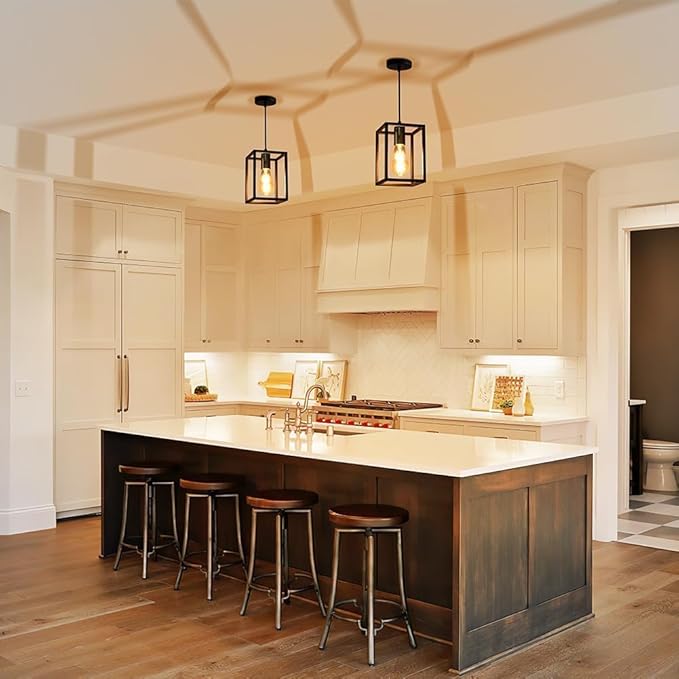 1 Pack Farmhouse Black and Gold Pendant Lights, Hanging Lamps for Living Room Entryway Foyer Indoor, Cage Lantern Kitchen Island Dining Room Light Fixture, Modern Matte Black Industrial Iron Light