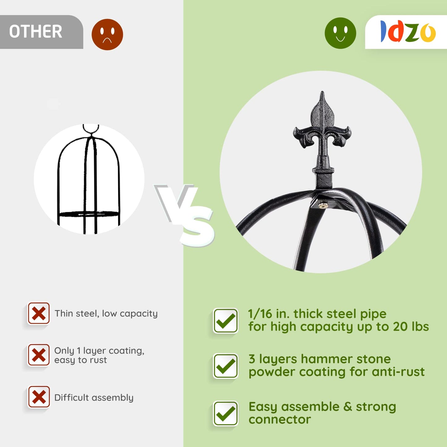 Idzo 100% Metal Obelisk Trellis for Climbing Plants Outdoor 6ft - 72in, Heavy Duty Black Garden Trellis for Climbing Vine with Stone-Look Finish, 1pc