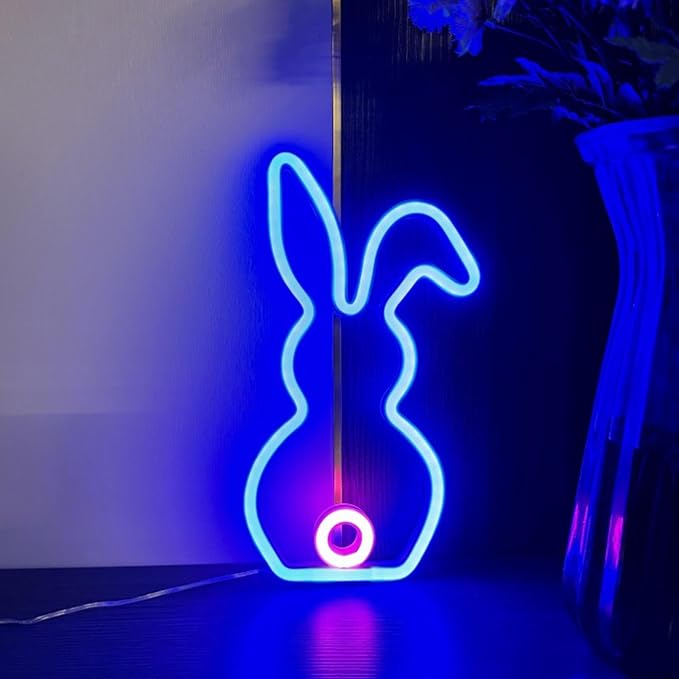 LAFANDE Bunny Easter Neon Sign for Easter Decorations, LED Lights USB Easter Window Lights, Rabbit Lamp Window Lights, Wall Window Decor for Party Holiday Night Bedroom Present