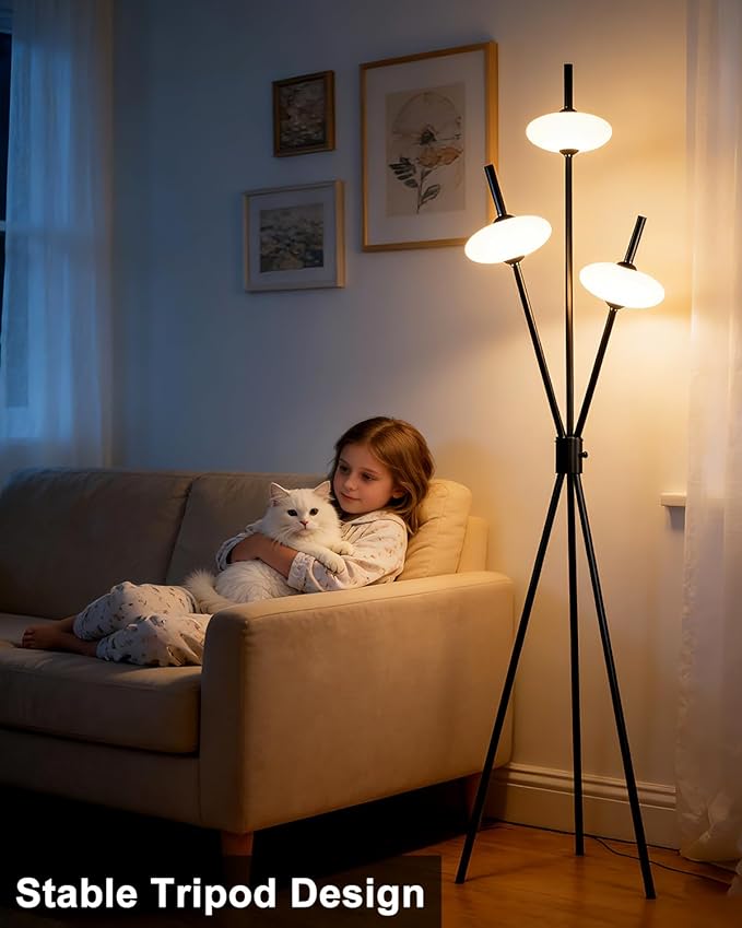 Lightdot Tripod Floor Lamp Stepless Dimmable Black Standing Tall Lamps with 3PCS Elliptical Lampshades Mid Century Modern Floor Lamps for Living Room/Bedroom/Sofa Beside/Corner Decor