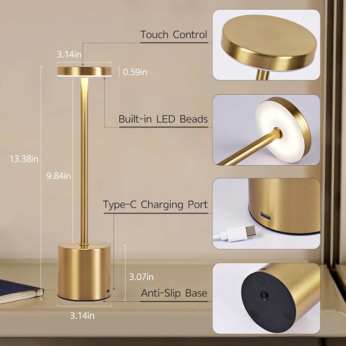 Rechargeable Cordless Table Lamp,Portable Outdoor 5000mAh Battery Operated LED Table Light Touch Control 3 Color Dimmable for Bedroom,Patio,Cofee,Camping,Dining,Restaurant&Livingroom-Gold