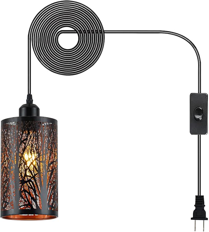 Industrial Black Plug in Pendant Light Vintage Mini Black Gold Hanging Lighting Rustic Hollow-Carved Cylinder Plug-in Pendant Light for Kitchen Island, Bedroom, Dining Room, Hallway