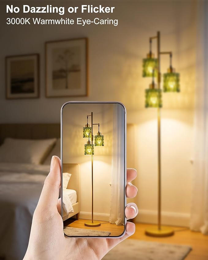 3-Light Floor Lamps for Living Room, Farmhouse Dimmable Gold Floor Lamp with Green Glass Shade& Bulbs Included, Mid Century Standing Tall Lamp for Bedroom/Sofa Beside/Corner
