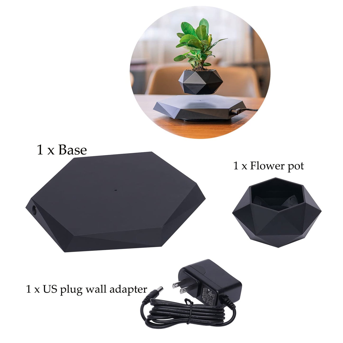 QQDETRR Magnetic Levitation Flower Pot, Floating Plant Pot with 360 Rotation, Modern Levitating Flowerpot for Succulents, ABS Magnetic Planter for Home Office Decor, Black