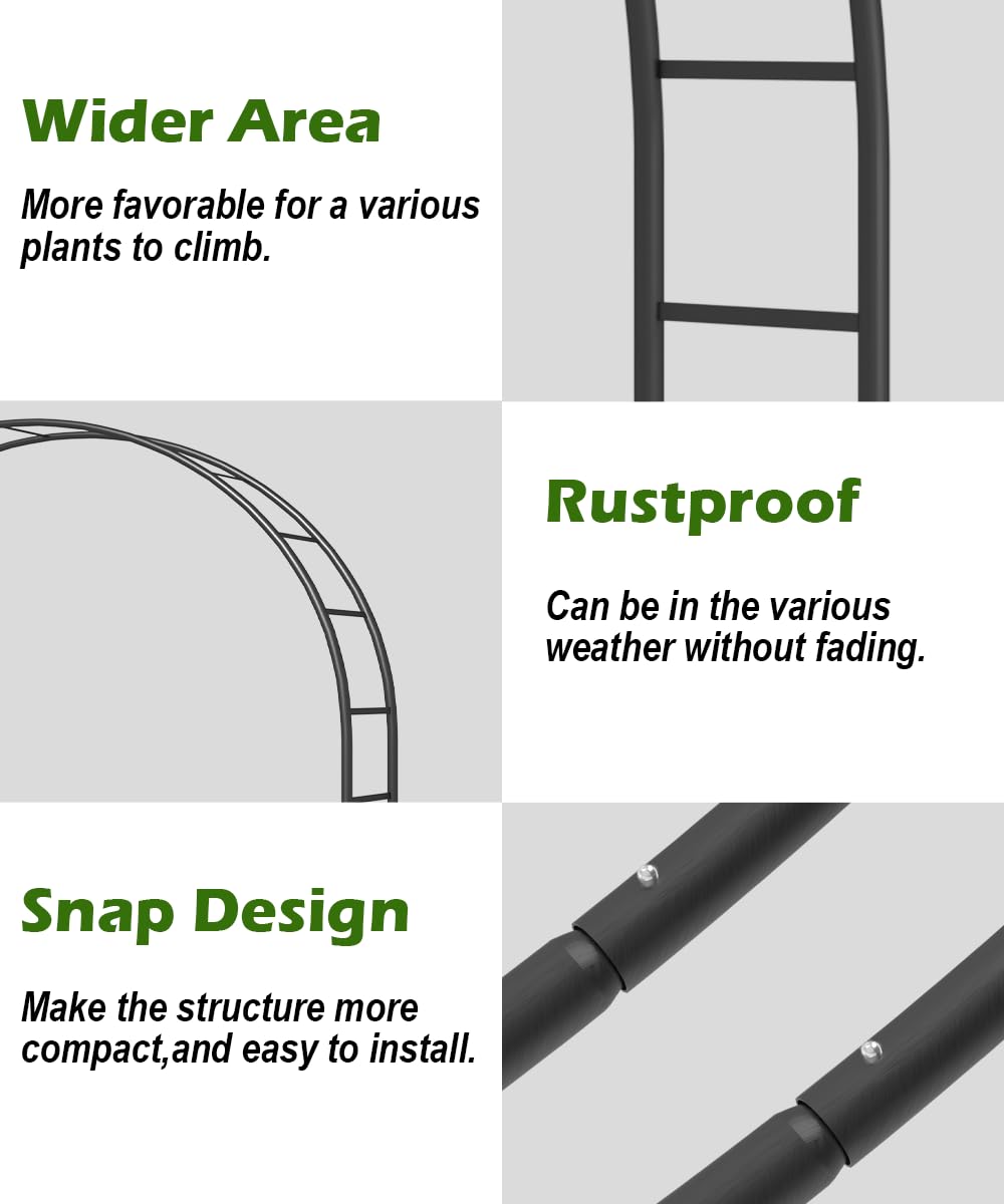 Queension Metal Wedding Arch for Ceremony Party Decoration 7Ft Wide 7.7Ft High,Garden Arch Trellis with Ground Bases for Climbing Plants,Outdoor Garden Arbor for Roses Vines, Round Frame, Black