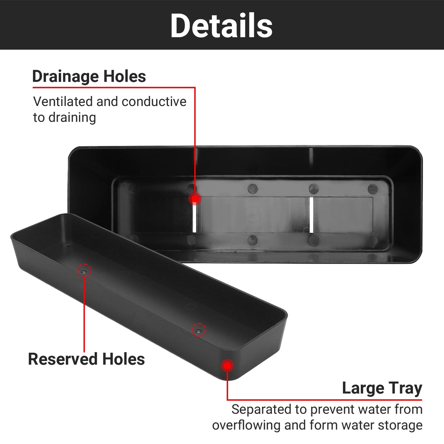 GREANER 12x3.8 Inch Herb Planters, 1 Pack Rectangle Window Boxes with Tray, Indoor Succulent Cactus Mint Plastic Pot for Windowsill, Balcony, Office, Outdoor Garden - Black