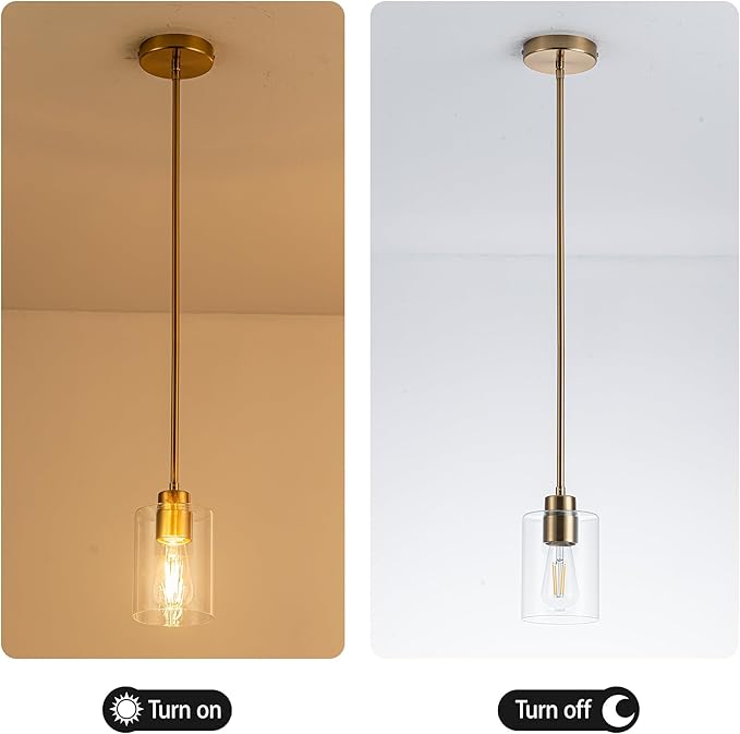 MAYNA 1-Pack Brushed Brass Drop Light, Modern Mid Century Cylinder Pendant with Bulb, Adjustable Rods Gold Finish Ceiling Lamp for Bedroom, Living Room Corner
