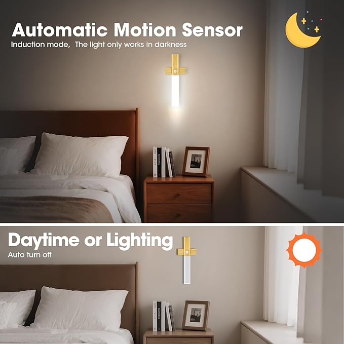 LAVAED Motion Sensor Lights Indoor,LED Rechargeable Battery Operated Wall Sconce Magnetic Stairway Night Light Wireless Portable Decor Lighting for Bedroom, Hallway, Picture,6000K Strip Base