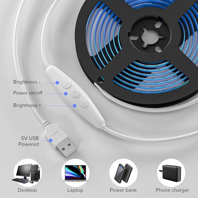 BTF-LIGHTING FCOB COB FOB LED Strip Lights 5V USB Powered 3.28FT 320LEDs Ice Blue 8mm Width Dimmable CRI 90+ with 3M Tape Flexible High Density for 3D Printer TV Backlight PC DIY Decor