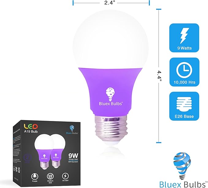 6 Pack BlueX LED A19 Purple Light Bulbs - 9W (60Watt Equivalent) - E26 Base, Party Decoration, Porch, Home Lighting, Holiday Lighting, Decorative Illumination