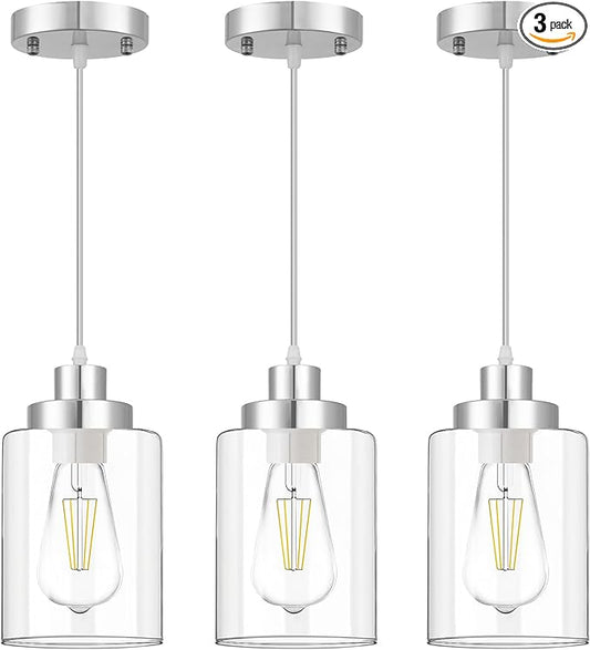 Industrial Pendant Lighting, Modern Clear Glass Shade Pendant Lights, Adjustable Hanging Light Fixtures, Farmhouse Pendant Lighting for Kitchen Island Living Room Bedroom Hallway 3-Pack