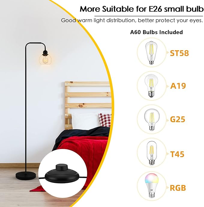 Modern Floor Lamp for Living Room with 6W LED Bulb, Industrial Floor Lamp, Seeded Glass, Black Classic Reading Tall Lamp for Home Office, Standing Lamps for Bedroom, Minimalist, Vintage, Farmhouse