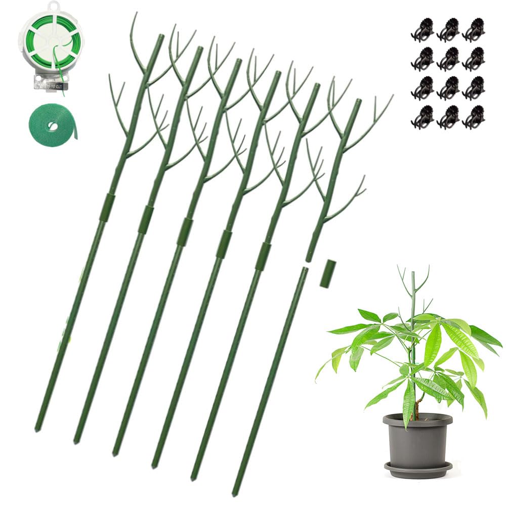 GardenPal 6 Pack 27.56" Detachable Plant Support Stakes - Indoor/Outdoor Monstera, Potted Plants and Climbing Plants, with Orchid Clips, Velcro Straps, Non-Rotting Plastic Natural Branch (Green)