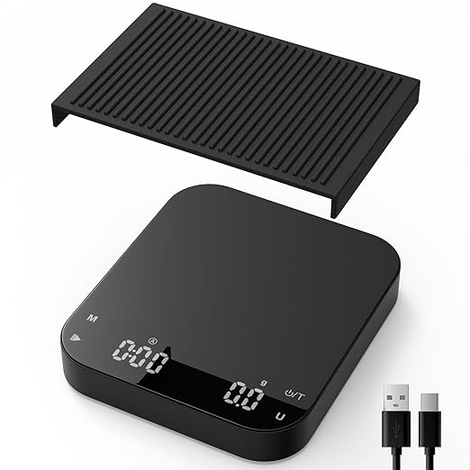 0.1g Precision Coffee Scale with Timer, Diyife 3kg/0.1 Rechargeable Espresso Scale for Pour-Over Coffee, Digital Scale with Back-Lit LCD Display, Auto Tare, Silicone Waterproof Cover, Black