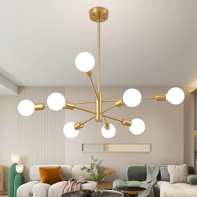 Sputnik Chandelier Modern Gold Chandelier Mid Century Ceiling Lighting Fixtures 8 Lights E26 for Living Room, Kitchen Island, Bedroom, Dining Room, and Farmhouse