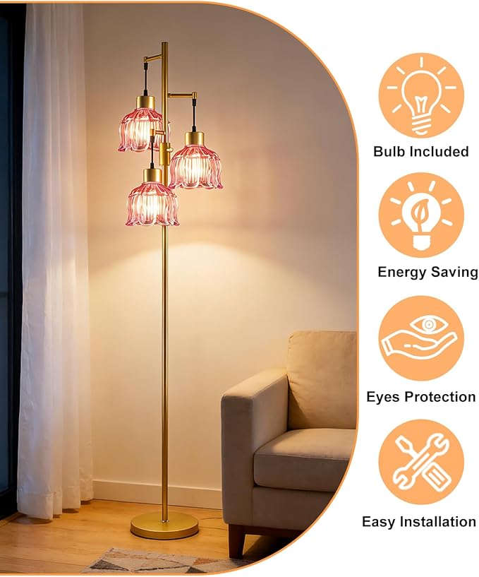 Gold Floor Lamps for Living Room, 3-Light Dimmable Floor Lamp with Rose Red Glass Shade& E12 Bulbs Included, 65'' Mid Century Tall Standing Lamp for Bedroom/Sofa Beside/Corner Decor