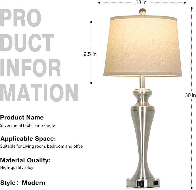30 Inch Single Silver Table Lamp, 3-Way Dimmable Touch Bedroom Lamp with USB A+C Ports and AC Outlet, Modern Metal Brushed Nickel Living Room Lamp, Bedside Lamp for Nightstand Guest Room End Table