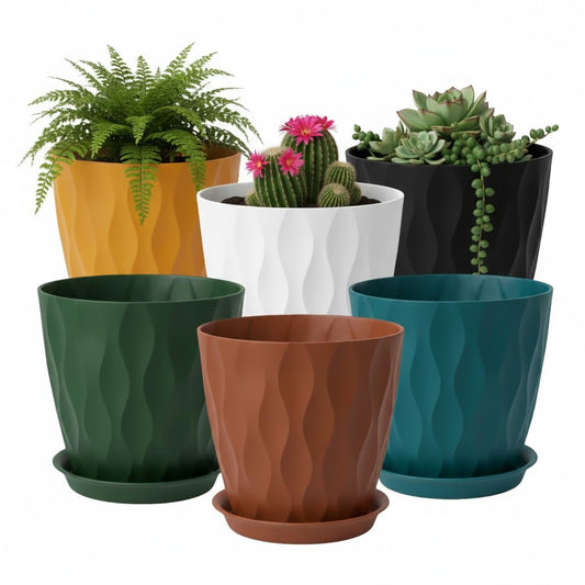 LESOASIS Plant Pots 8 Inch, 6 Pack Plastic Flower Pots for Indoor & Outdoor Plants, Planters with Drainage Holes and Saucer, Garden Pot for Plants (Multicolor)
