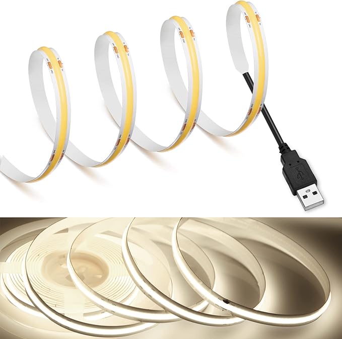 MDee】COB LED Strip Lights 4000K Nature White USB Powered 5V Flexible LED Tape Lights with USB Connector CRI 90+ 800LM/m 320LEDs/m for Indoor and Outdoor Décor（4000K Nature White 8.2ft/2.5m）