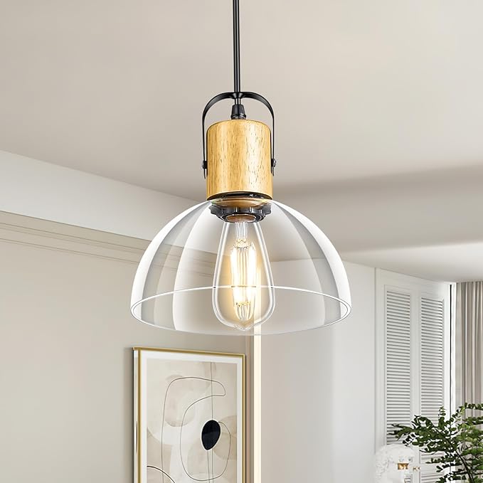 1 Pack Wood Pendant Lights, Pendant Light Fixtures with 7.5" Clear Glass Shade, Modern Farmhouse Hanging Lights for Kitchen Island, Bedroom, Bathroom, Dining Room