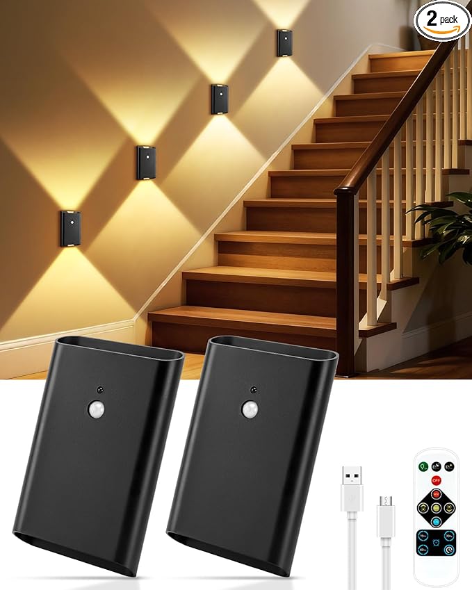 Rechargeable Motion Sensor Wall Sconce Set of 2 – 5000mAh Wireless Battery Operated Wall Light Indoor, 3 Colors Up/Down Lighting Magnetic Night Light with Remote Control for Bedroom, Hallway (Black)