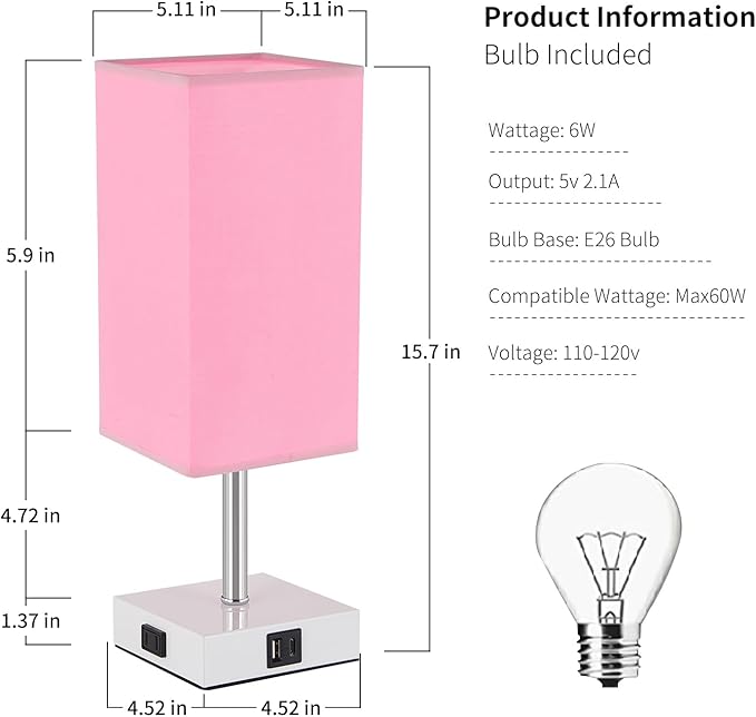 Touch Control Bedside Lamp - 3-Way Dimmable Table Lamps with USB C+A Port and Outlet, Nightstand Lamp for Bedroom Decor and Living Room,Pink