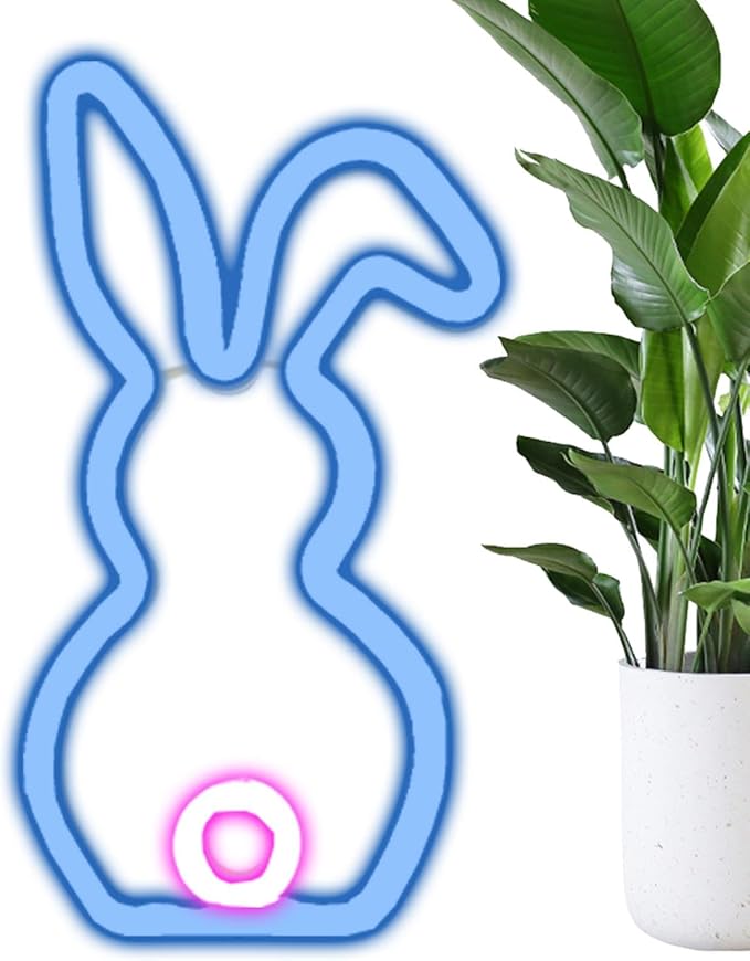 LAFANDE Bunny Easter Neon Sign for Easter Decorations, LED Lights USB Easter Window Lights, Rabbit Lamp Window Lights, Wall Window Decor for Party Holiday Night Bedroom Present