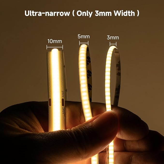 BTF-LIGHTING FCOB COB 3mm Width UL Listed Super Narrow Flexible Uniform LED Strip Light 16.4FT DC12V 6000K CRI 90+ Dimmable LED Ribbon for Kitchen Home Indoor Decoration(No Adapter or Controller)