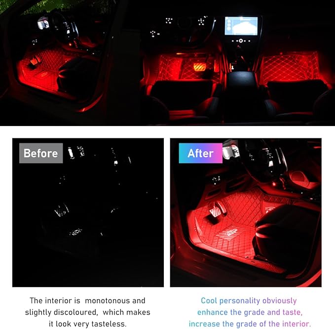 Car LED Strip Light, 48 LED RGB Auto Interior Atmosphere Lights, Cigarette Lighter Under Dash Ambient Night Light, Interior Lamp Lighting Kit (Red, Cigarette Lighter)