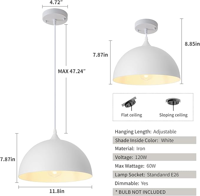 White Farmhouse Pendant Light 11.8inches 2 Packs, Kitchen Pendant Lights, Industrial Pendant Light, Pendant Lights Kitchen Island for Living Room, Bedroom, Dinning Room, Office