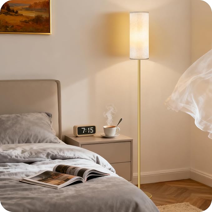 Set of 2 Dimmable Floor Lamps for Living Room with 2 Remotes and Foot Switch, Modern Standing Tall Lamp, Corner Lamp for Bedroom, Bulb Included, 3000K-6500K, Beige and Gold DE06LDP205W1