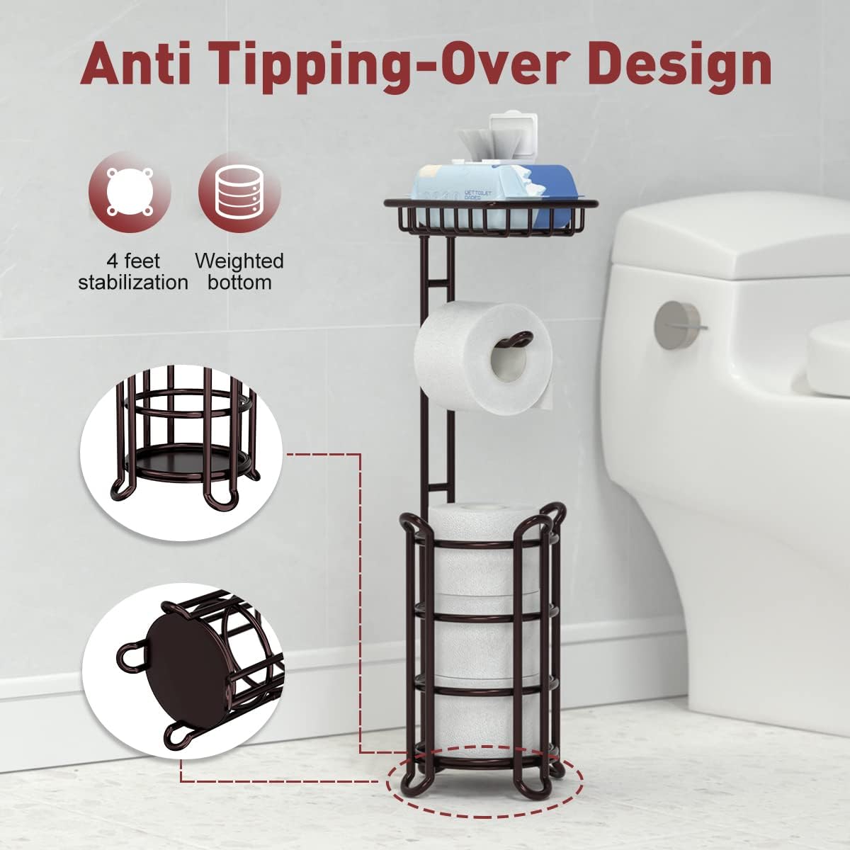 Regine Switzerland Toilet Paper Holder Stand - Stylish Tissue Roll Dispenser with Shelf for Mega Rolls - Bronze Finish