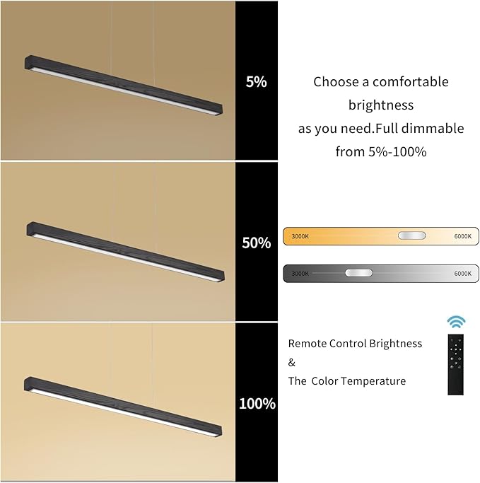 59'' Led Pendant Light 40w Dimmable with Remote Wood Linear Pendant Lighting Led Modern Chandelier Island Light with Black Finish for Living Room Dining Room Billiard & Pool Lights Black