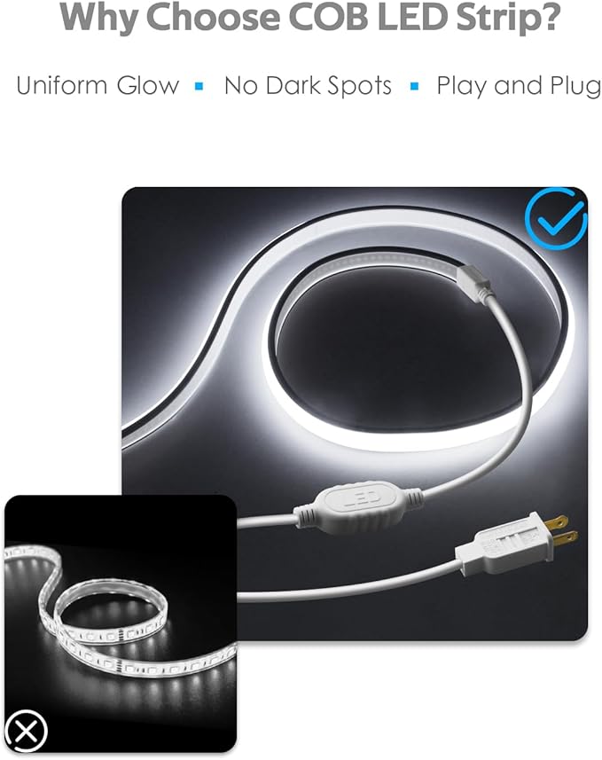 COB Led Strip Lights 150FT AC110V 120V Flexible LED Outdoor Rope Light Waterproof One Roll 6000K Daylight White 288Leds/M 45M Led Tape Lights Plug in IP67 for Holiday Decor