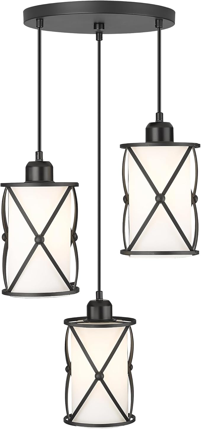 3-Light Dining Room Chandelier Light Fixtures, Black Pendant Lighting with Frosted Glass, Modern Kitchen Island Cluster Hanging Pendant Lights for Sink, CH9176BKW3