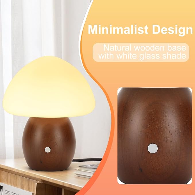 Mushroom Lamp with Touch Control Switch, Small Wooden Table Lamp with Glass Shade, 3 Way Dimmable Nightstand Lamp for Bedroom, G9 LED Bulb Included (Walnut Color&Opal White Glass Shade)