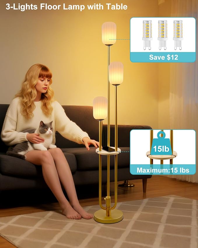 Lightdot Dimmable Floor Lamp with Shelf, Modern Gold Tall Floor Lamps with Oval Striped Lampshade for Wedding/Party, 3000K Bulb Included 3-Lights Standing Lamp for Living Room/Sofa Beside/Corner Decor