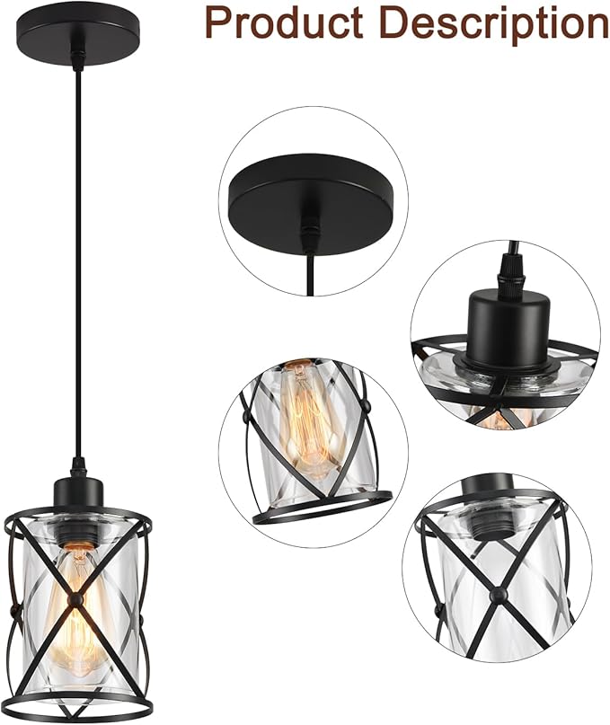 3 Lights Industrial Pendant Light with Glass Shade Matte Black Pendant Lighting Adjustable Industrial Retro Style Hanging Light,Kitchen Island Farmhouse Pendant Lights Fixtures for Kitchen,Farmhouse